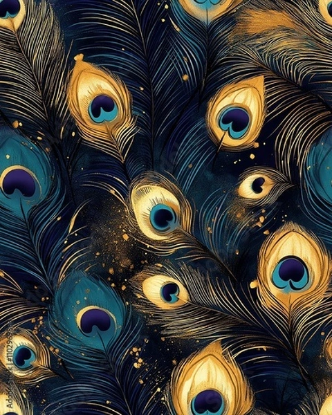 Fototapeta Elegant Peacock Feather Pattern with Dark Mystic Vibes ,Vibrant peacock feather pattern on dark background ,Fantasy-Inspired Peacock Aesthetic for Home Decor