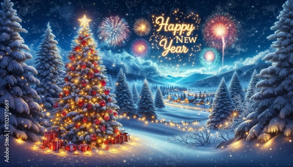 Obraz Celebrate the magic of the season with a snowy winter wonderland, sparkling lights, and dazzling fireworks lighting up the sky! Experience the warmth and joy of holiday celebrations