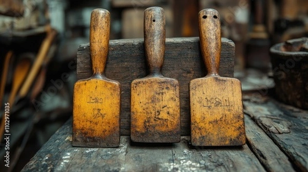 Fototapeta Vintage wooden tools displayed on a rustic workbench showcasing craftsmanship and history in woodworking.