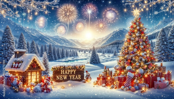Obraz Celebrate the magic of the season with a snowy winter wonderland, sparkling lights, and dazzling fireworks lighting up the sky! Experience the warmth and joy of holiday celebrations