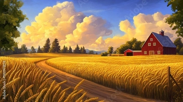 Obraz Golden Hour on the Farm Rustic Barn in a Wheat Field