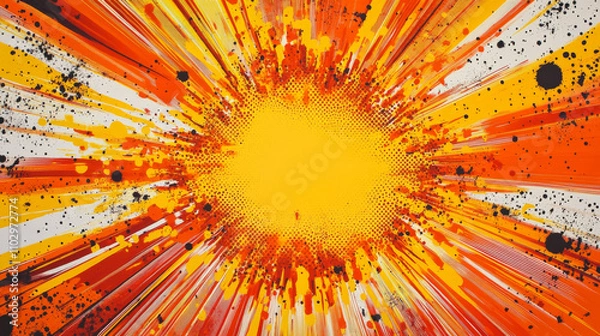 Fototapeta Illustration of an explosion with orange and yellow colors with copy space in middle and rays of colours of the impact going from the center