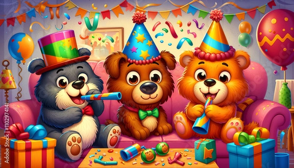 Obraz Join the fun as these adorable party animals celebrate with joy, confetti, and balloons! Watch them enjoy the party with their festive hats and noisemakers, spreading cheer all around