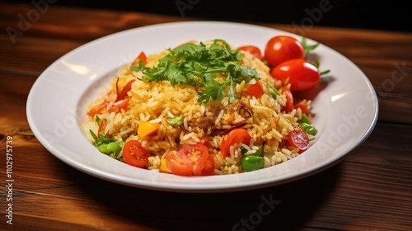 Fototapeta Delicious special fried rice garnished with fresh vegetables and tomatoes served on a plate against a rustic wooden table backdrop