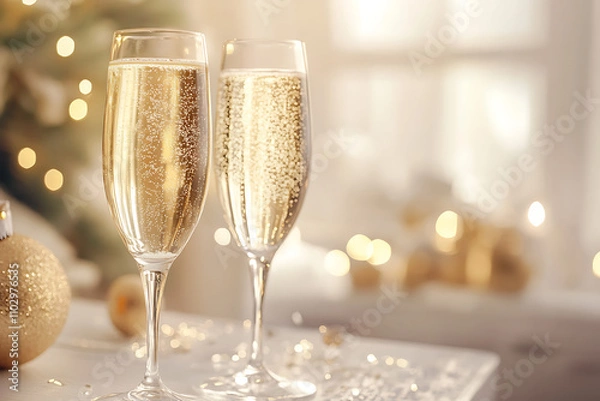Fototapeta Champagne glasses with golden sparkles and bubbles, capturing the elegance and joy of New Year toasts and celebrations