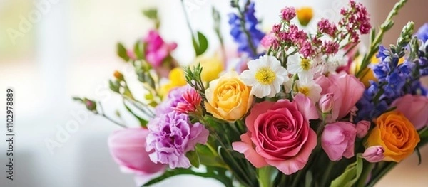 Fototapeta Colorful floral arrangement in a vase showcasing a variety of blooms in closeup with a soft background for a fresh and vibrant atmosphere