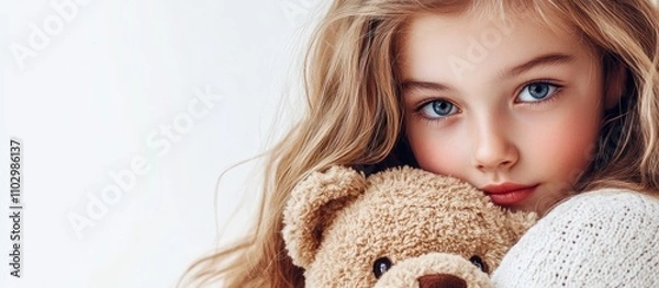 Fototapeta Adorable girl with teddy bear portrait showcasing warmth and innocence against a neutral background, perfect for family and childhood themes.