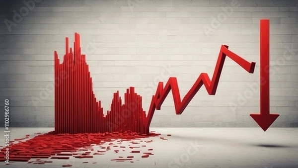 Fototapeta The idea of a market downturn is represented graphically by a descending red arrow that shows economic collapse.