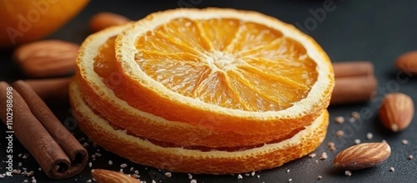 Fototapeta Dried orange slices with cinnamon sticks and almonds arranged on a dark background for a warm and inviting culinary presentation