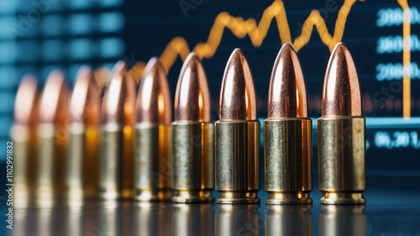 Fototapeta Bullets are lined up in front of stock market graph, symbolizing intersection of finance and conflict. image conveys sense of tension and volatility
