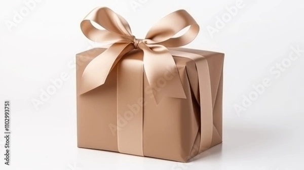 Fototapeta Brown shiny gift bag with beige silk ribbon on top isolated on white, suitable for presents, foldable and elegant design for special occasions