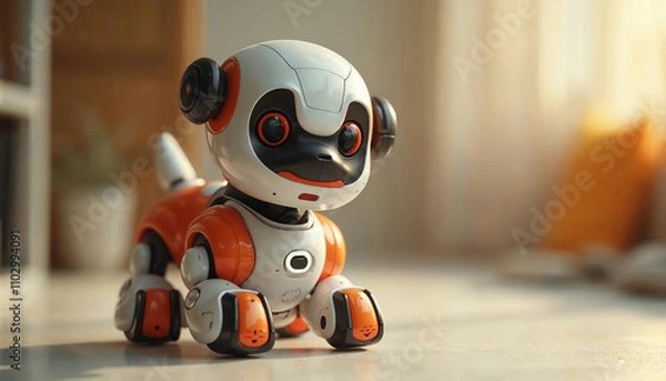 Obraz A cute orange android robot holding a glass of orange juice in a playful and futuristic 3D cartoon style