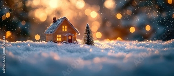 Fototapeta Miniature Christmas house in snow with fir tree and bokeh lights at night festive scene with glowing windows and soft snowfall ambiance