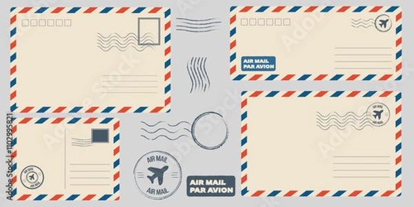 Obraz Backside blank travel postcard with dirty stain. Vector Air mail par avion postage stamps, stamp old post card empty Back side template tags postale set logo print address track trace airmail envelope