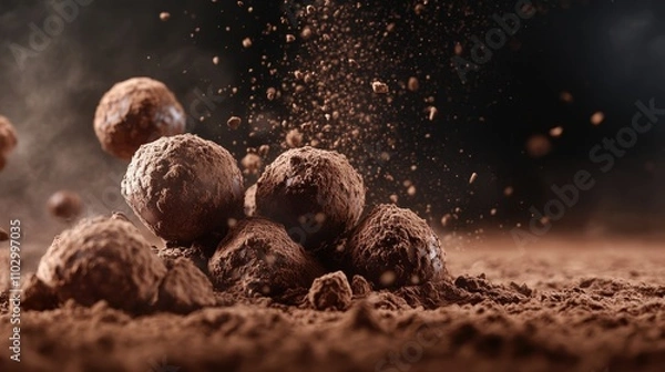 Fototapeta Luxurious handmade chocolate truffles with cocoa powder dusting