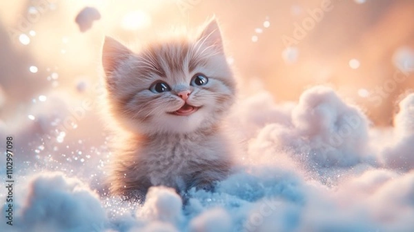 Fototapeta 48.A fluffy, smiling baby kitten rendered in 3D with exaggerated fur textures, surrounded by soft pastel-colored cotton clouds. The scene features splatter-paint vector elements and a shallow depth