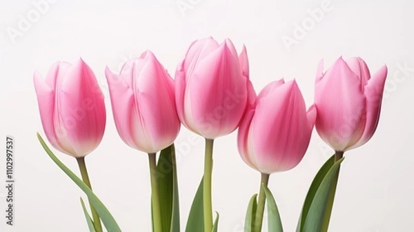 Fototapeta Delicate arrangement of five pink tulips standing gracefully against a clean white background for a fresh floral accent.