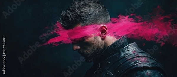 Fototapeta Young man as medieval knight in modern art showcasing emotions with pink paint stroke against dark vintage backdrop blending eras