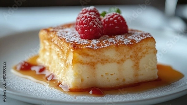 Fototapeta Classic custard dessert with raspberry garnish on a white plate showcasing rich texture and elegant presentation against a simple backdrop