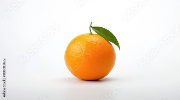 Fototapeta Single vibrant orange with leaf on a clean white background showcasing the freshness and healthy appeal of Citrus sinensis fruit.