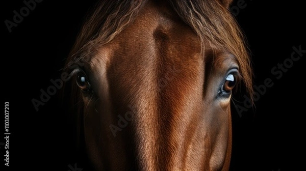Fototapeta Frontal view of a horse's head showcasing its expressive eyes and detailed features against a dark background