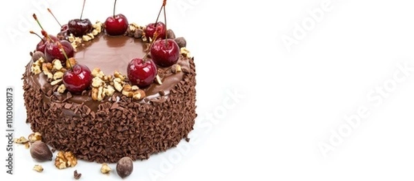 Fototapeta Chocolate cake with cherries and nuts on a white background showcasing a decorative and appetizing dessert perfect for celebrations.