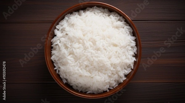 Fototapeta Bowl of freshly cooked fluffy white rice on wooden table top view delicious and nutritious staple food for various cuisines