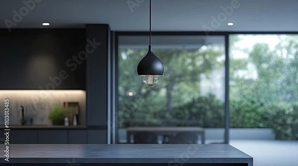 Fototapeta Elegant modern luxury black pendant light designed for kitchen islands, offering a stylish touch with a light bulb suspended from the ceiling. Ideal for contemporary spaces with copy space.