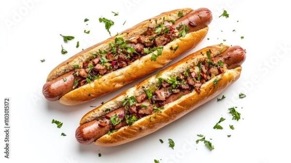 Fototapeta Baguette-style hot dogs topped with finely chopped herbs and spices, arranged attractively on a clean white background for an appealing presentation.