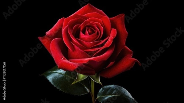Fototapeta Bright red rose on black backdrop ideal for romantic and artistic collage designs
