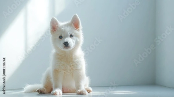 Fototapeta Adorable Fluffy Husky Puppy Sitting on Clean White Background Looking Curiously at Camera