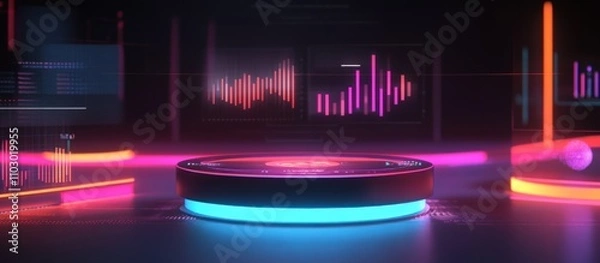 Fototapeta Futuristic neon display platform with vibrant data visualizations.