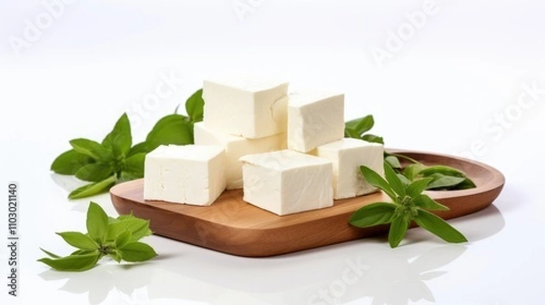 Fototapeta Feta cheese cubes and rounds arranged on a wooden board with fresh herbs and olive oil against a clean white background
