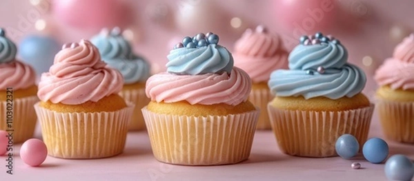 Fototapeta Festive birthday scene with colorful cupcakes topped with creamy frosting against a cheerful pastel backdrop and decorative elements