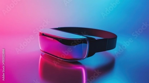 Fototapeta Sleek VR headset reflecting vibrant pink and blue neon light on a glossy surface.