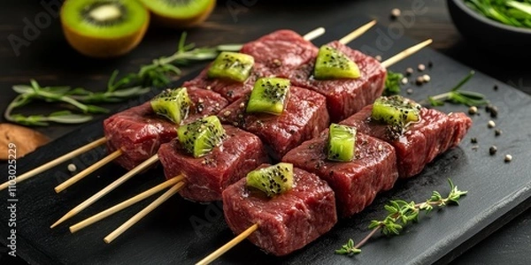 Fototapeta Fresh raw beef meat fillet shish kebab prepared on skewers, featuring kiwi marinated beef for an enhanced flavor. Enjoy the taste of beef meat fillet in this unique shish kebab.