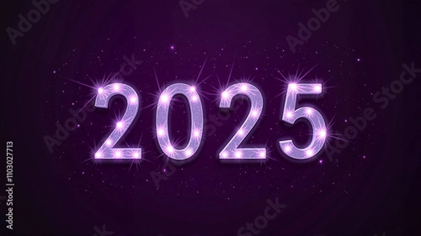 Fototapeta Pink glowing "2025" text with sparkles on a dark purple background
