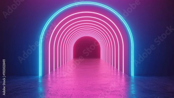 Fototapeta A vibrant tunnel illuminated by glowing neon lights in pink and blue, creating a futuristic ambiance.
