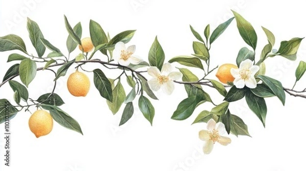 Fototapeta 63.A branch bearing multiple lemons, lush green leaves, and a delicate white flower, isolated against a white background. The bright yellow of the lemons contrasts beautifully with the vibrant