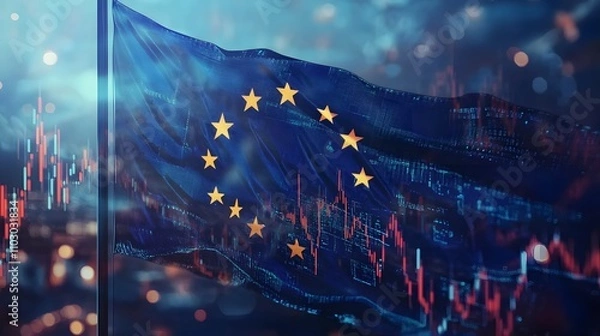 Fototapeta A flag of Europe with a graph of the stock market, finance, economy and data