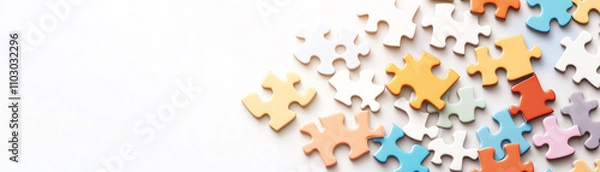 Obraz Colorful puzzle pieces scattered on white surface background, perfect for leisure and mind games.