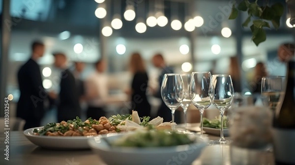 Fototapeta Business event in an office with a crowd of employees. Food and drink in a meeting or conference room with business people in the background. Blurred shot of business people at a party in the office