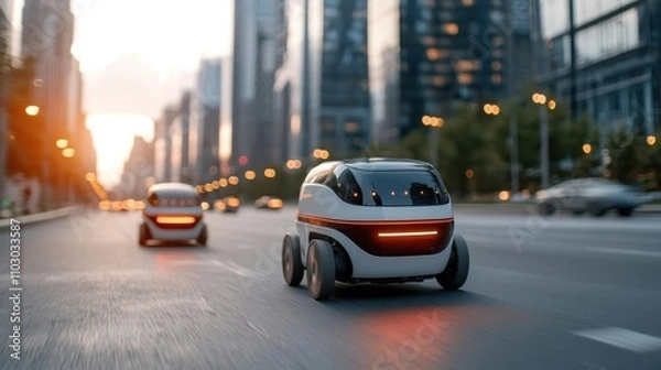 Fototapeta Futuristic autonomous electric vehicle seamlessly navigating through a sleek high rise urban cityscape