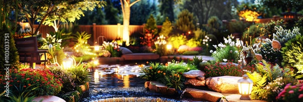 Obraz A beautifully landscaped backyard garden in the evening with ambient lighting highlighting a water feature surrounded by vibrant plants and flowers.