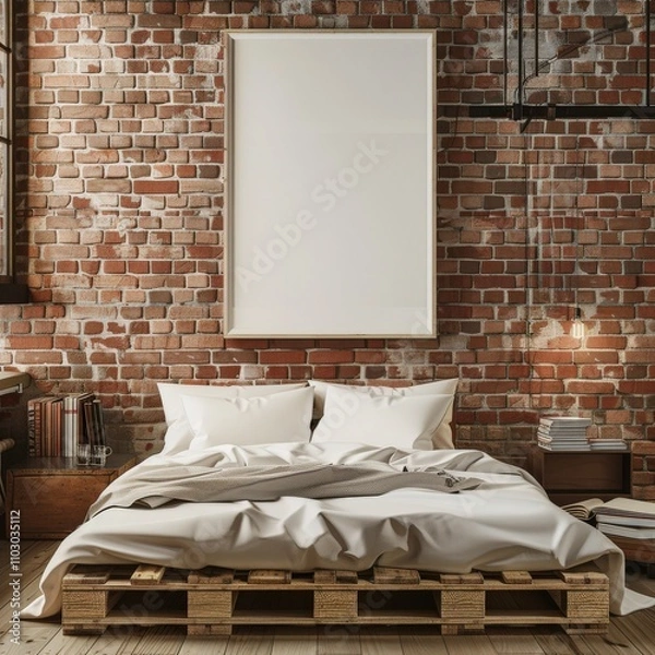 Fototapeta A modern. minimalist bedroom with a pallet bed. brick wall. and a large blank poster frame above the bed The bed is unmade with white sheets and pillows The room is lit by natural light coming through