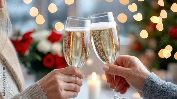 Fototapeta Champagne with Sparkling Glasses and Festive Lights  Two hands holding champagne flutes making a toast against a background of warm cozy holiday lights and A festive romantic