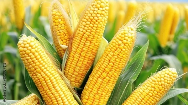 Fototapeta Close-up of ripe golden corn cobs surrounded by lush green leaves, set against a vibrant cornfield backdrop, showcasing agricultural abundance.