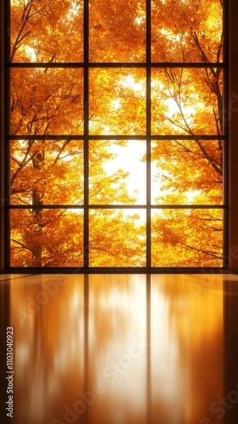 Fototapeta A serene window view showcasing vibrant autumn foliage, creating a warm, inviting atmosphere with golden sunlight streaming in.