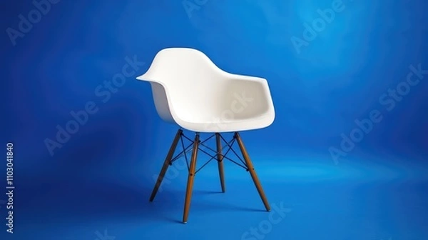 Fototapeta Contemporary white velour chair with wooden legs on a vibrant blue background, providing a spacious area ideal for text or graphic overlay.