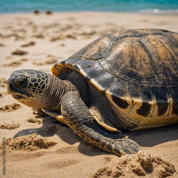 Fototapeta A serene turtle resting on a sandy beach under the warm sun.